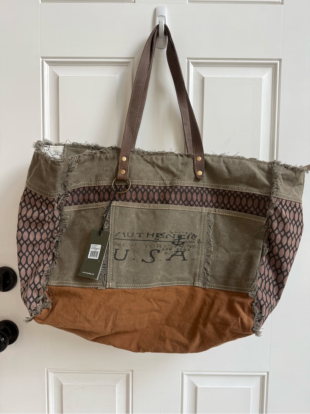 Myra Bag Canvas Honey Bee Weekender Tote Duffle Olive & Brown cotton leather